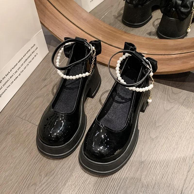 Модные весенне-летние туфли на высоком каблуке, юбки Лолиты с бантами и жемчужными пряжками, Мэри Джейн, женская обувь для банкета, повседневная для женщин 2025