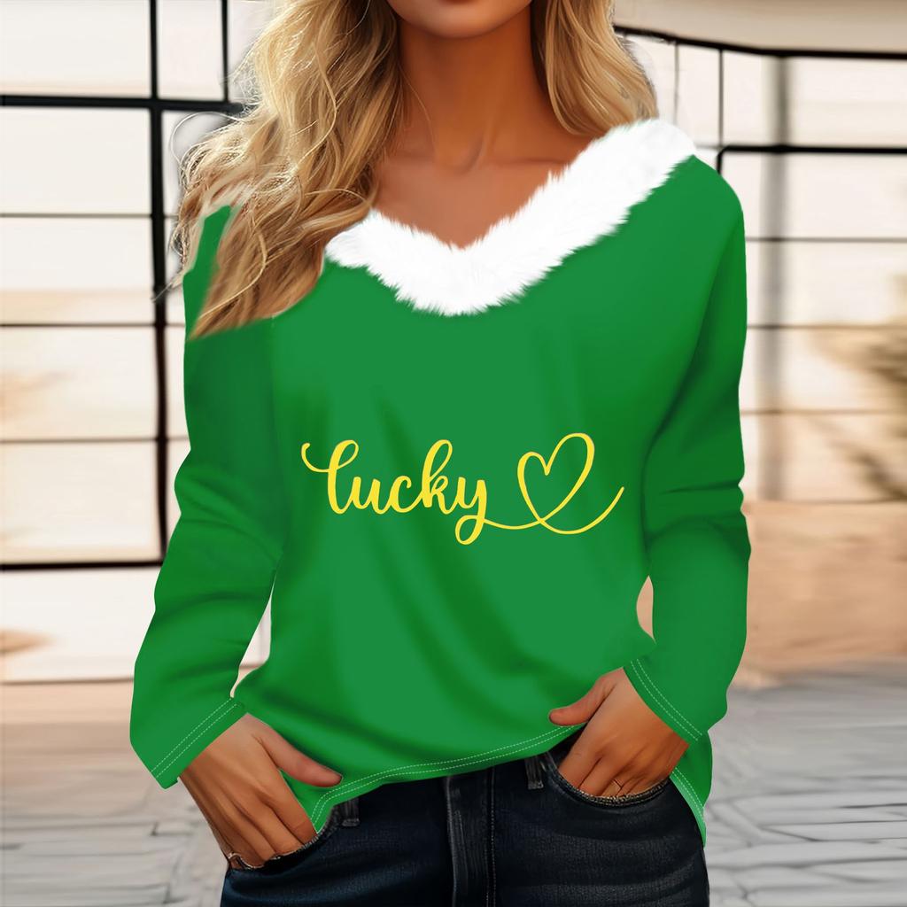 Женская футболка St. Рубашка с принтом Патрика, длинный рукав, праздничная атмосфера, флисовый воротник, топ с V-образным вырезом