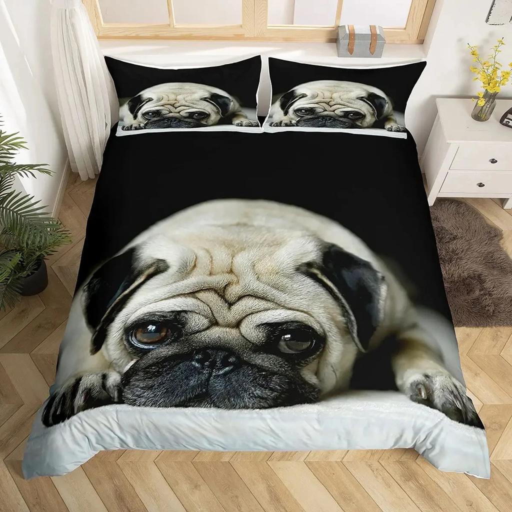 Cartoon Pug Dog Duvet Cover Set Comforter Cover Soft Bedding Set Full Size for Boys Girls Bedroom 2/3 Pieces with Pillow Shams