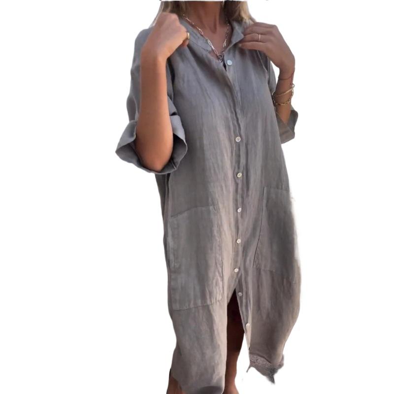 Women's Summer Cotton Linen Shirt Dresses Fashion Solid Color Lapel Button Up Pocket Half Sleeve Dress
