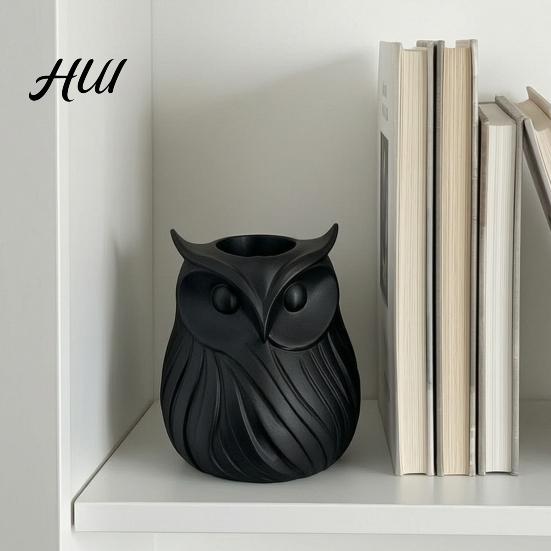 Desktop Clutter Organizer 3D Printed Owl Pen Holder, 2 in 1 Flower Vase Makeup Brush Storage Cup Desk Organizer, Cute Plastic Home Office Decor Black
