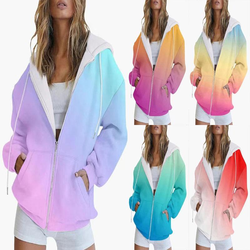 Autumn New Gradient Print Casual Long-sleeved Zipper Hoodie Sweatshirt Women's Fashionable Loose Casual Top