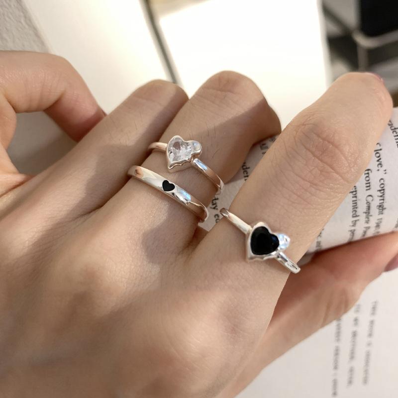 BFCLUB Silver Color Black Heart Ring For Women Fine Jewelry Finger Adjustable Open Vintage Ring For Party Birthday Gift