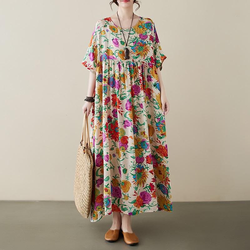 Новое хлопковое платье больших размеров с коротким рукавом и цветочным принтом для женщин, повседневное свободное длинное летнее платье