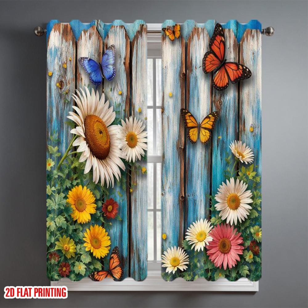 2D flat printing 2pcs Curtain Party Curtains Spring Blossoms and Butterflies Digital Printed Polyester Drapes Holiday