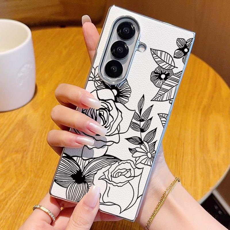 Чехол с узором 'Линия Цветы' для Samsung Z Fold 7 6 5, Роскошный Гибридный 3-в-1, Кожаная Накладка 'Skin', Покрытие, Складной Чехол для Телефона для Samsung Z Fold7 Fold6 Fold5