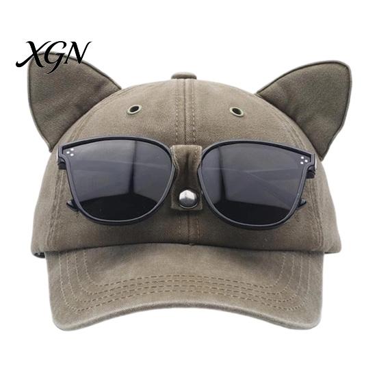 Unisex Hip Hop Cap Cat Ear Trucker Hat, Baseball with Detachable Sunglasses, Fashionable Outdoor Sun Hat Adjustable Pilot Style for Travel UV
