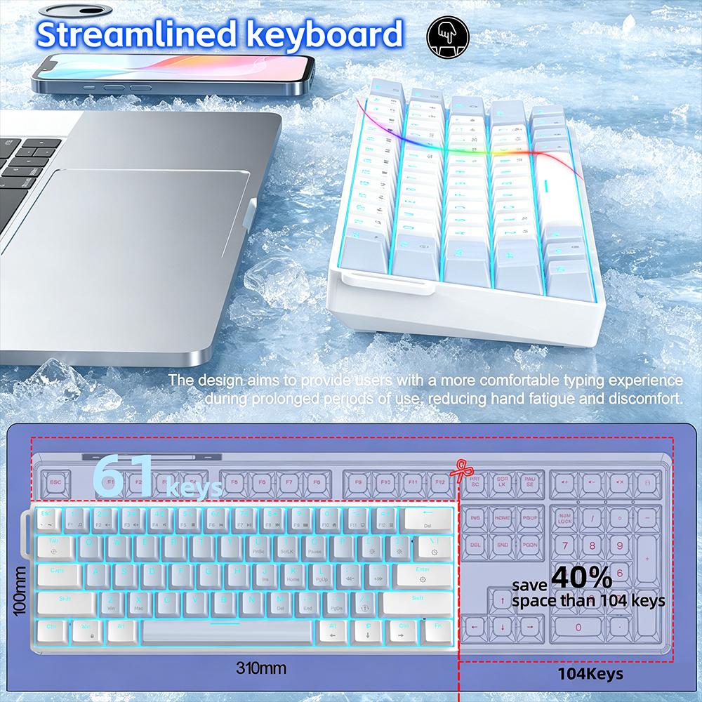 K61 61 Keys Ribbon Wired Mechanical Keyboard Red Blue Switch Ice Blue Backlight Type-C Portable Full Key Rollover Gaming Keypad