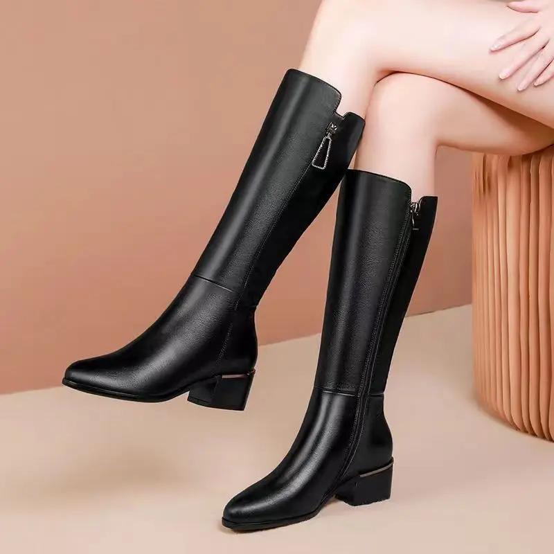 New Women Boots Zipper Thick High Heels Simple Fashion Thick High Heels Autumn Winter Woman Boots Knee High Botas
