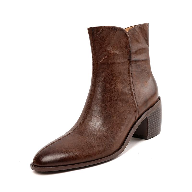 2024 Осень Женские Ботильоны Женские Ботинки с Круглым Носком Зимние Ботинки В Вестерн Натуральная Кожа Кожаная Обувь Офисная Женская Обувь Ретро