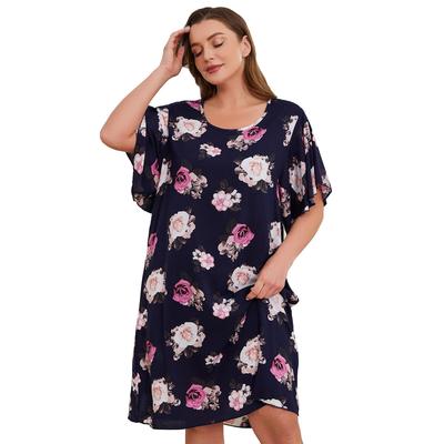 Большие платья для сна, ночные рубашки с цветочным принтом из вискозы, пуловеры с U-образным вырезом, свободные пижамы 1XL-4XL, синяя одежда для сна