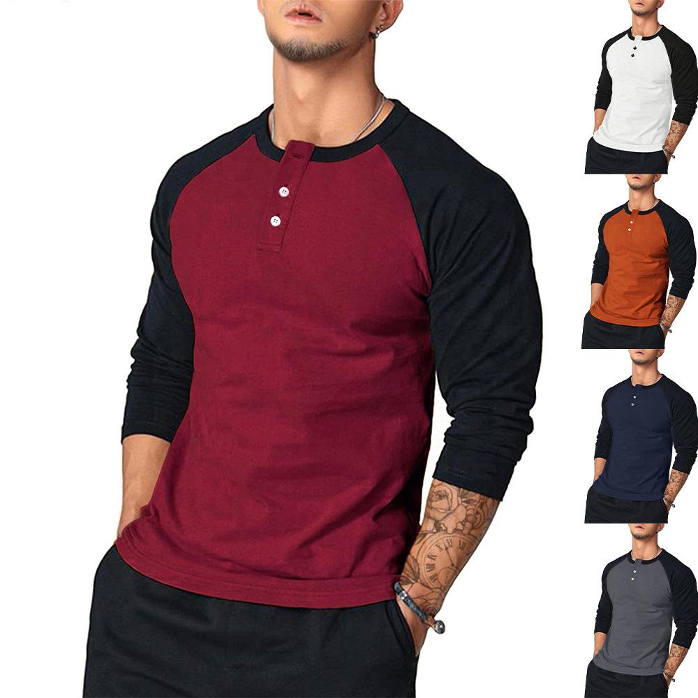 Spring and Autumn Men Button O-neck Long Sleeve T-shirts Summer Male Patchwork Tee Shirt Tops