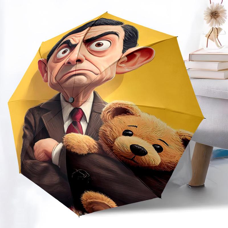 1PC Mr. Bean Automatic Folding Umbrella - Compact 8-Rib Design, Durable Plastic & Iron, Daily Use F010638