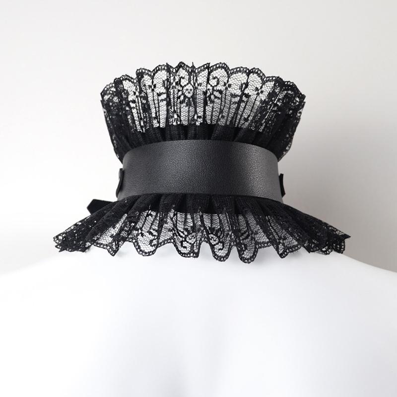 Women Vintage Princess Fake Collar Gothic Black Faux Leather Ruffled Floral Lace Choker Necklace Victorian Neck Ruff