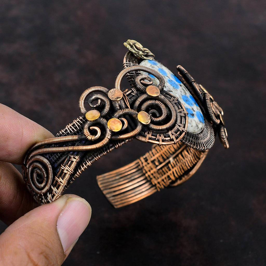 K2 Браслет из яшмы Медная проволока Браслет-манжета Браслет-манжета Драгоценный камень Медные украшения Регулируемые манжеты Браслет ручной работы в стиле бохо Подарок для него Цветочный браслет