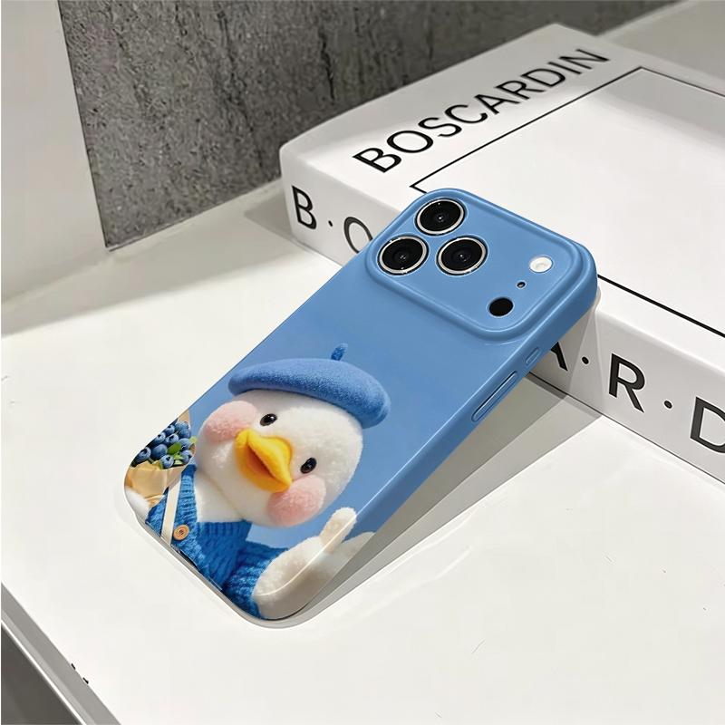 Adorable Fluffy Furry Beret Duck Blueberry Thumb Graphic Art Film Aesthetic Protective Shockproof Bumper Case For iPhone 14 15 16 Pro Max Plus