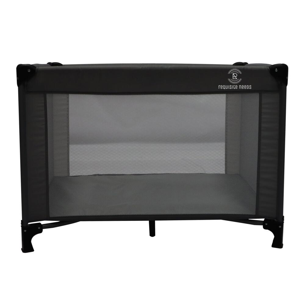 REQUISITE NEEDS Travel Cot, Padded Mattress, Birth to 15kg, Compact Folding Design with Travel Bag (Black)
