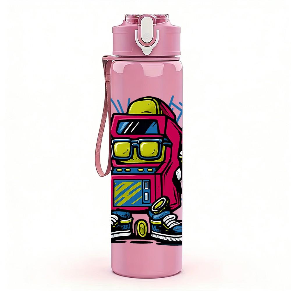 1PC Retro Robot Character 750ml Color Plastic Sports Water Bottle Leakproof Flip Straw Lid Suitable for Sports Office Home Use