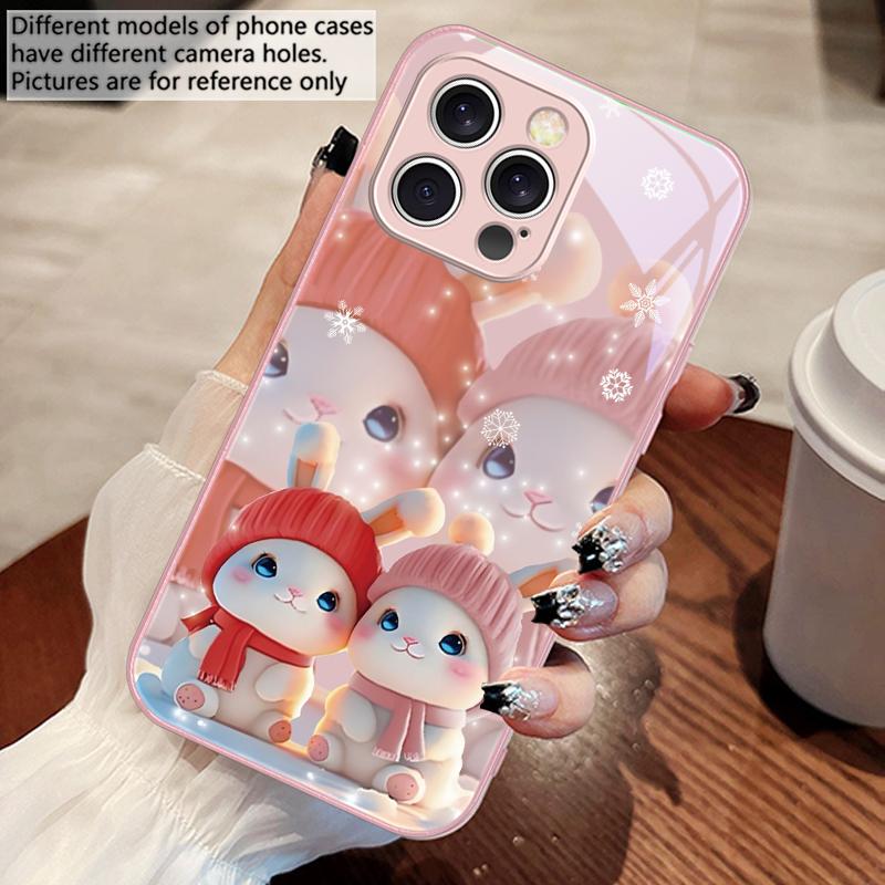 Милые розовые кролики-близнецы Для iPhone 16 E 15 14 13 Plus 12 mini 11 Pro Max XR Xs Max X 7 8 6 6S 2022 Закаленное стекло Чехол для телефона