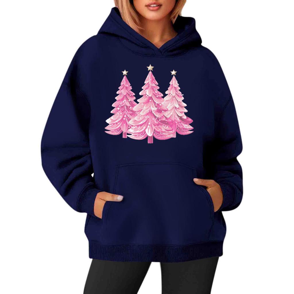 Women's Sweatshirts Round Neck Long Sleeve Christmas Printed Top Solid Color Hoodie