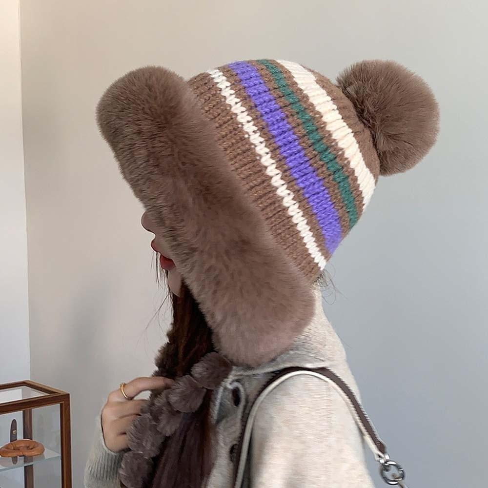 Striped Knit Pompom Braids Hat Fur Brim Fur Trim Trapper Fleece Knit Beanie Skiing
