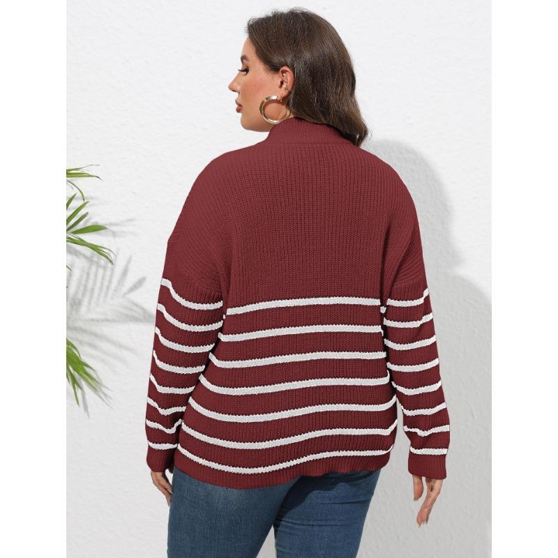 Женский осенне-зимний свитер большого размера в полоску в стиле пэчворк с полувысоким воротом на молнии