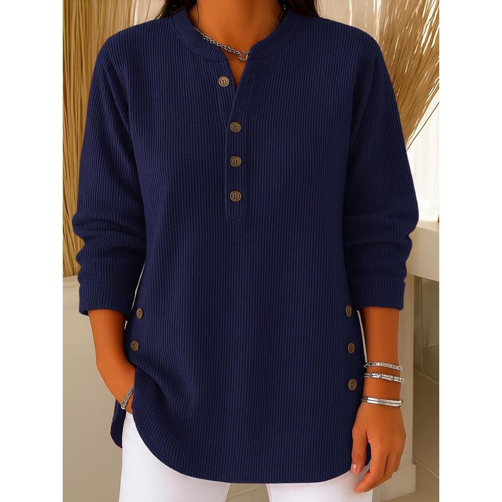 Осень Зима 2025 Новая Женская Однотонная Свободная Футболка Топ с V-образным вырезом на пуговицах и длинным рукавом в стиле кэжуал для Европы Америки