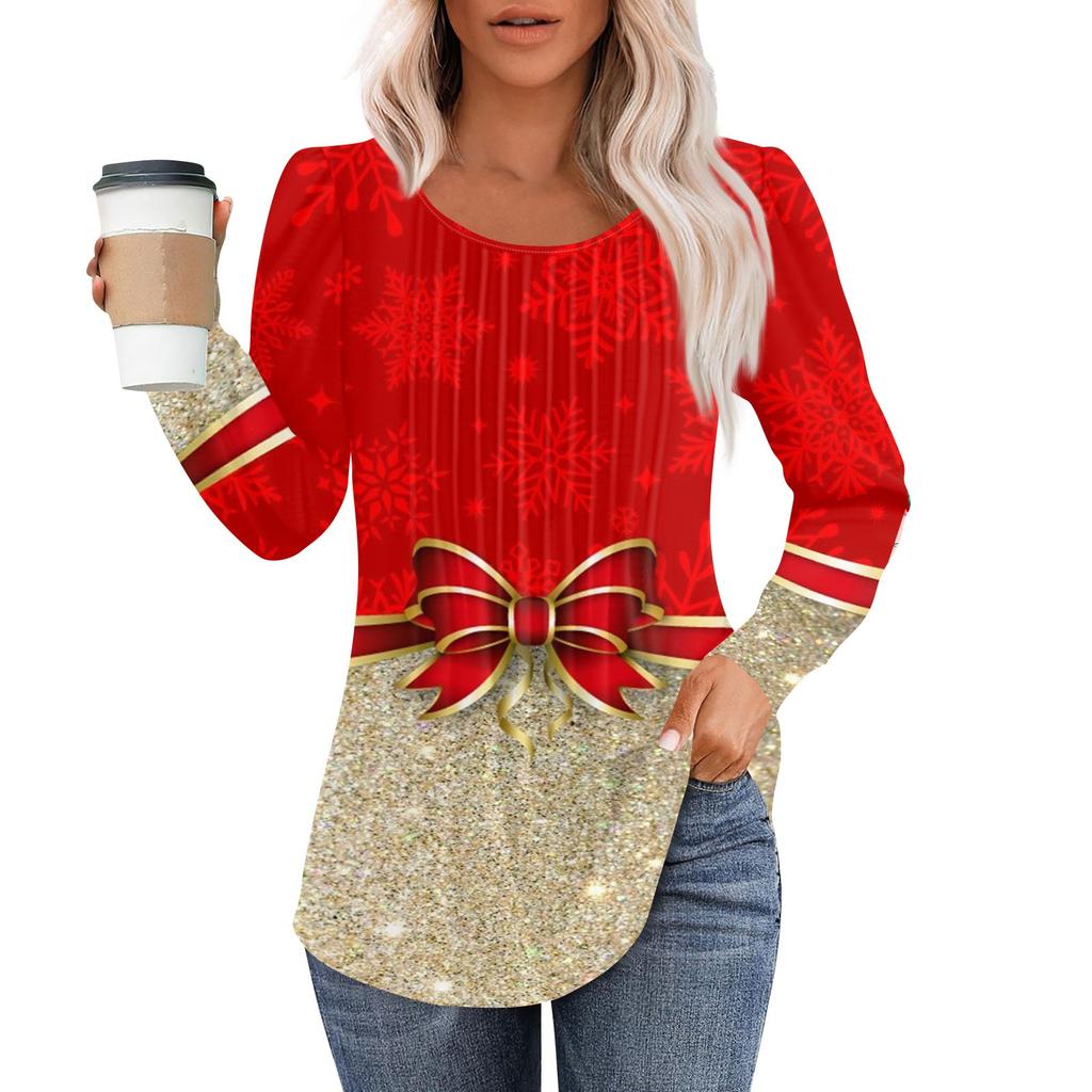 Женская модная повседневная плиссированная футболка с круглым вырезом и рождественским принтом с длинными рукавами