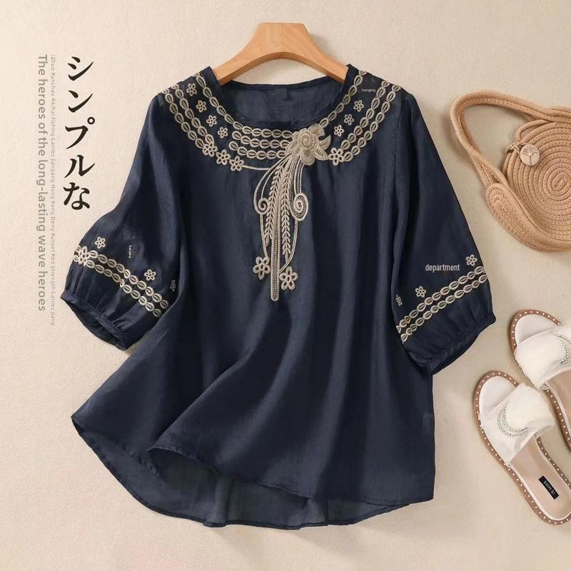 2024 Summer Retro Embroidered Cotton & Linen Short-Sleeve Top - Slim, Loose, Versatile Pullover Shirt