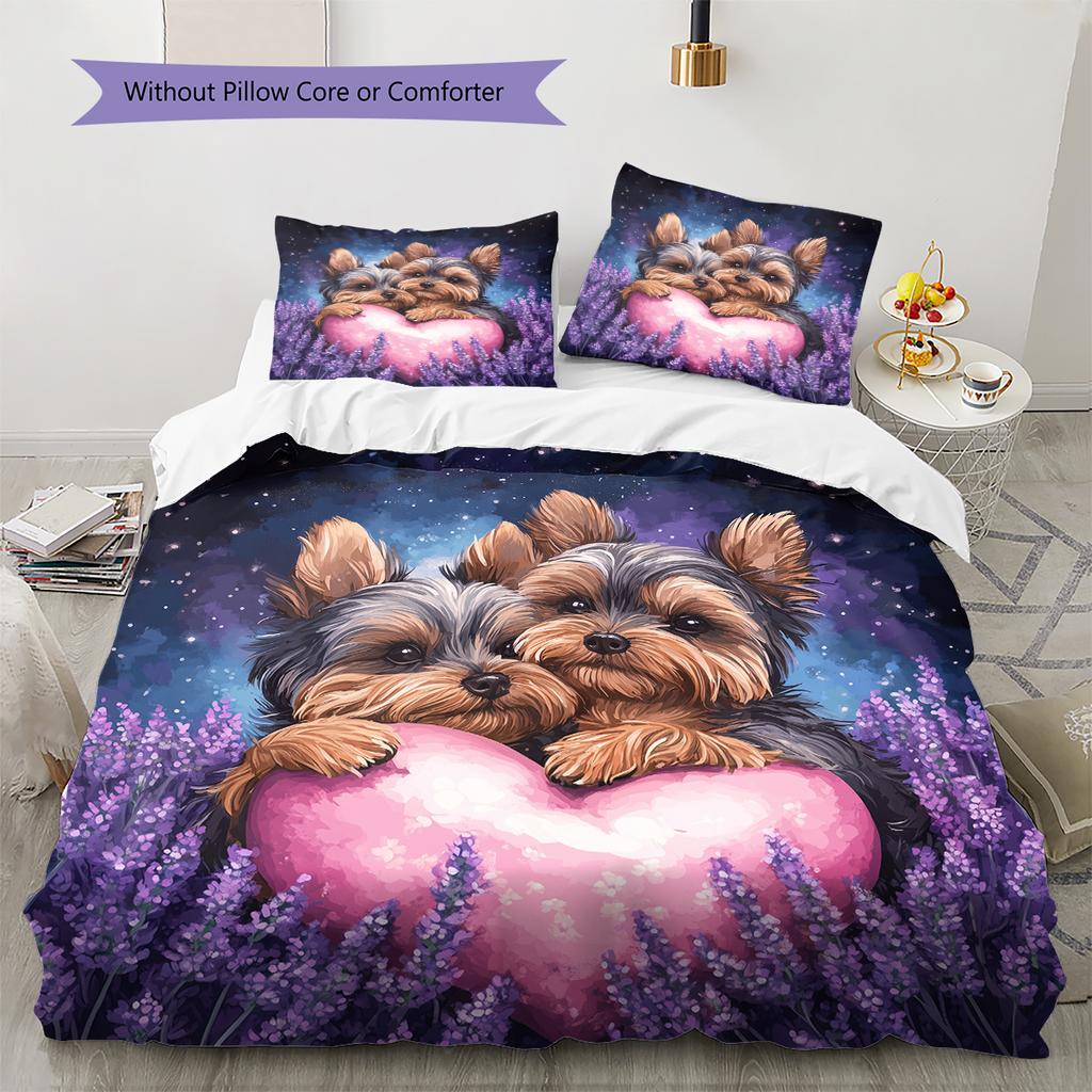 Yorkshire Terrier and Love Heart Pattern Bedding Home Decoration Birthday Gift (1 * duvet cover + 2 * pillowcase, without core)