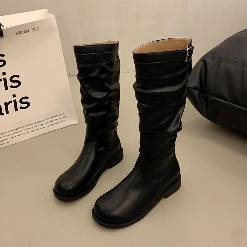 Винтажные плиссированные женские сапоги до колена обувь весна осень элегантные женские на низком каблуке рыцарские боты