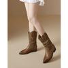 Cowhide Brown Western Cowboy Boots Women's Autumn and Winter New Pointed Middle Tube Maillard Knight Pile Thick Heel Martin Boots