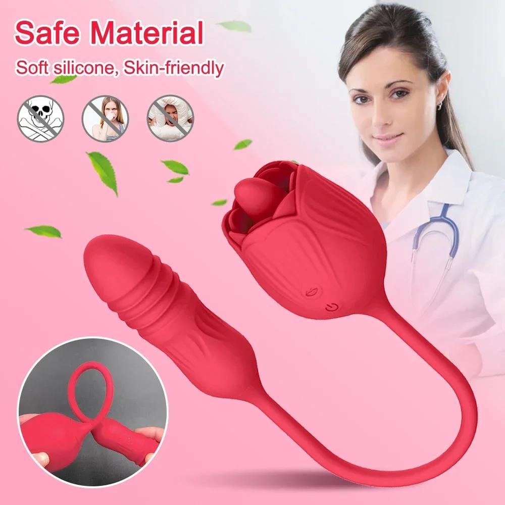 Thrusting Rose-Toy Dildo Vibrator for Women Clitoris Sucker Stimulator Tongue Licking Adults Goods Sucking Sex Toys Female