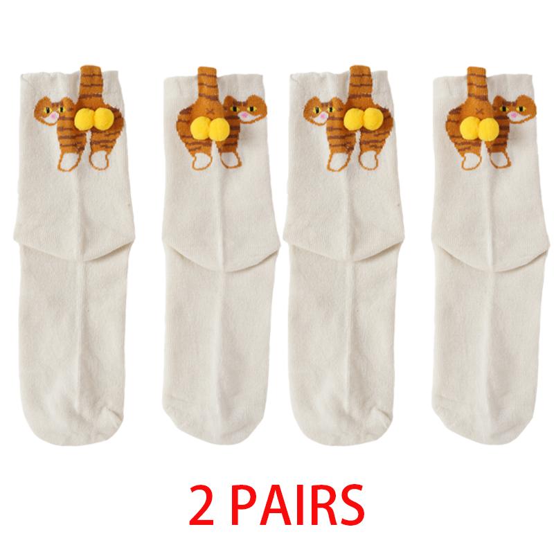Носки средней длины с милым мультяшным котом на пятке, объемным меховым помпоном, забавные носки
