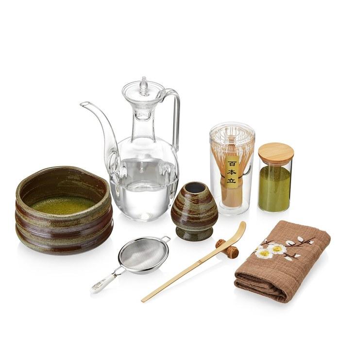 Pokalotea Matcha Tea Set 9-Piece Tea Utensils, Matcha Bowl, Whisk, Scoop, Lid, Sifter, Cloth, Caddy, Glass Teapot. Matcha powder sold