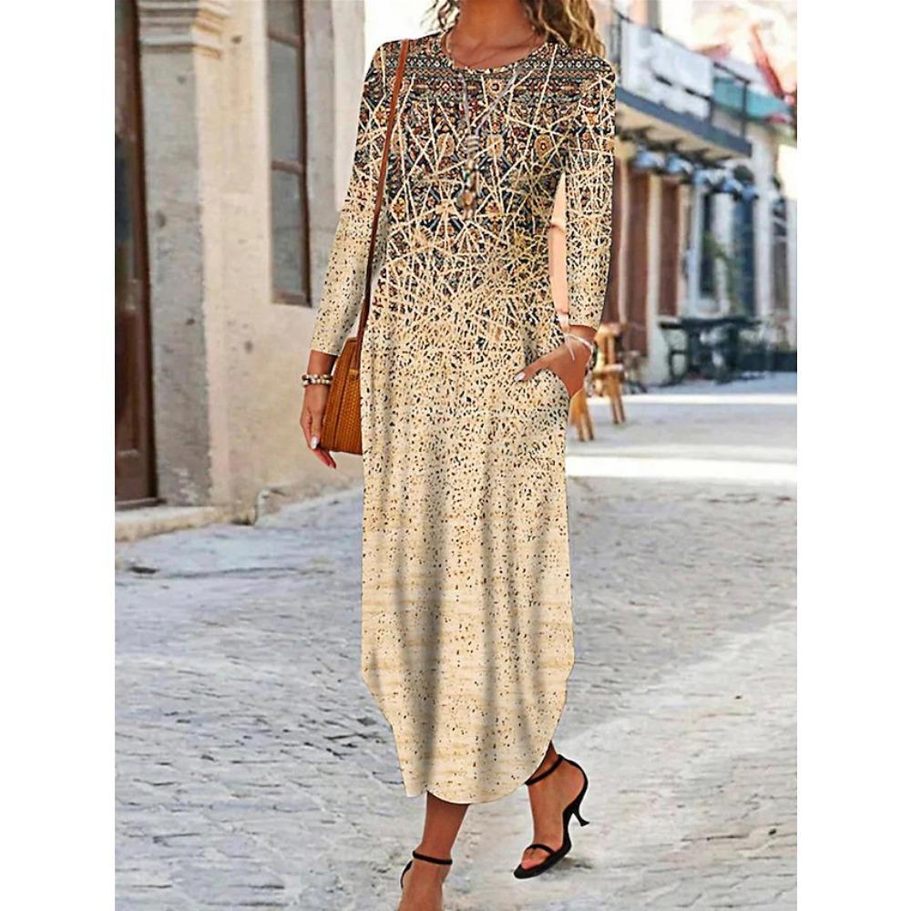 JPNTKY Женская мода Осень Зима Платья с длинным рукавом, круглым вырезом, высокой талией, повседневные