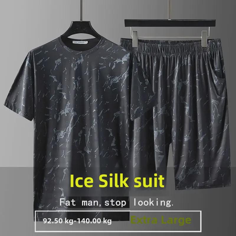 Мужской спортивный костюм из двух частей Ice Silk Mesh большого размера - футболка и шорты