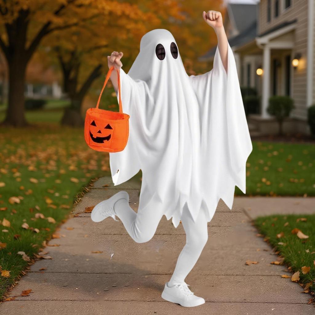 Детский костюм привидения на Хэллоуин Костюм для косплея привидения с мешками для конфет «Trick or Treat» с тыквой Белый костюм привидения плащ привидения