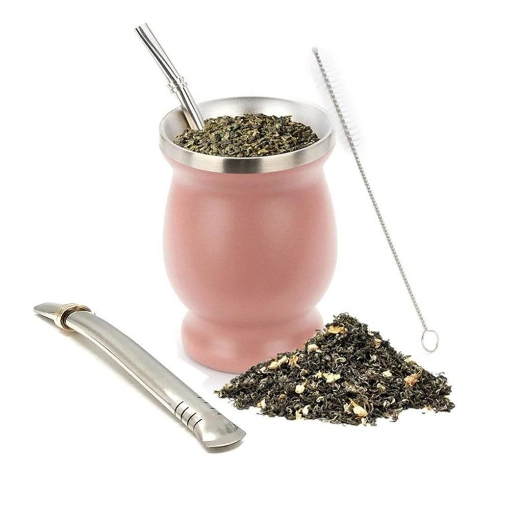Double Wall Tea Cup Set Stainless Steel Straw Cup Practical Insulated Cup Tea Drinking