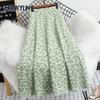 Cool Printed Chiffon Skirts Women Summer Mid-length Small Fresh Floral High-waisted Over-the-knee Long Skirt