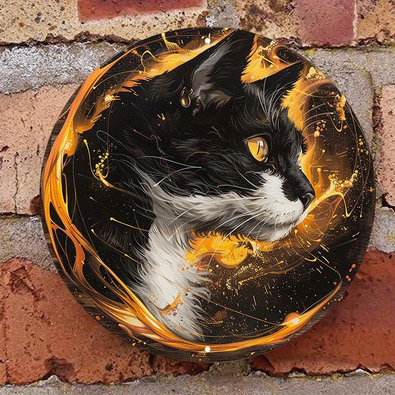 Black and White Cat with Yellow Eyes, Round Wooden Wall Sign, Durable, Protected, Outdoor and Indoor Decor, 8x8 In, 1PC
