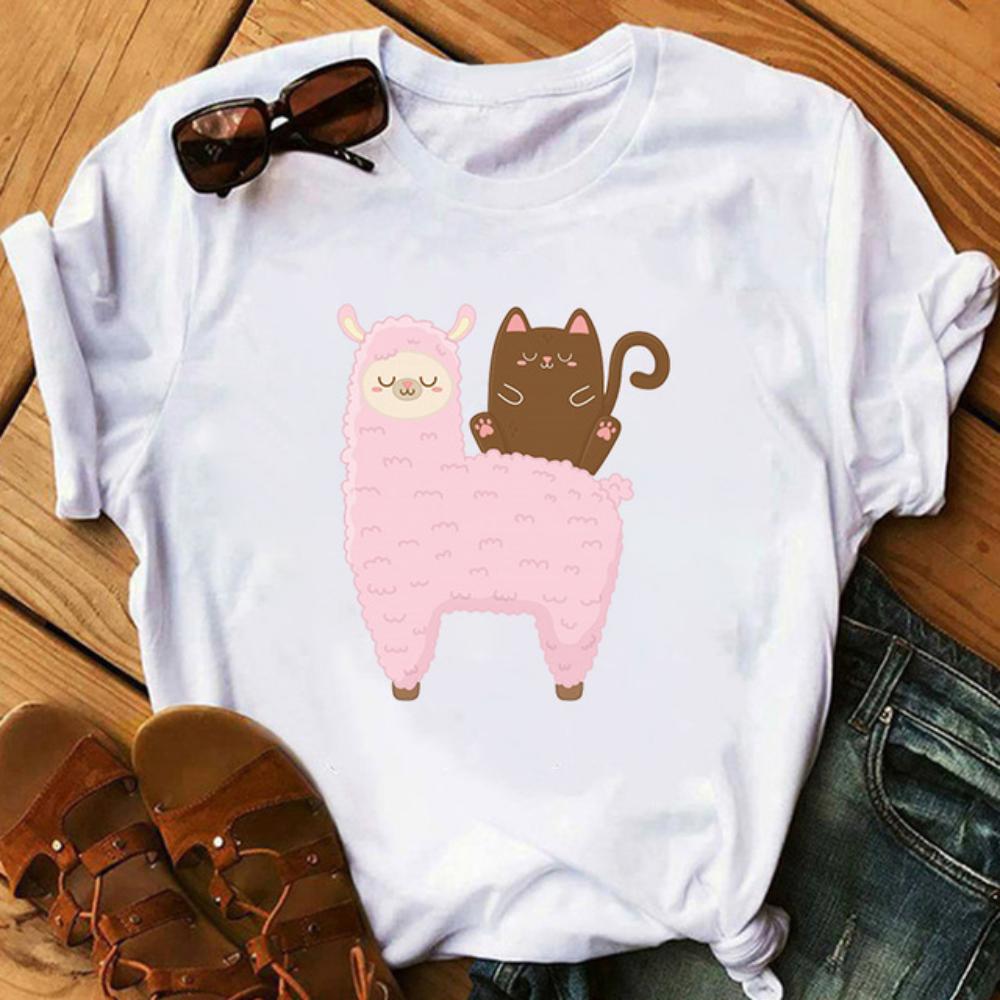 Funny Alpaca Lettering Art Women White Casual Loose Oversized Shirt Streetwear Daily Summer Tops Round Neck Durable Plus Size