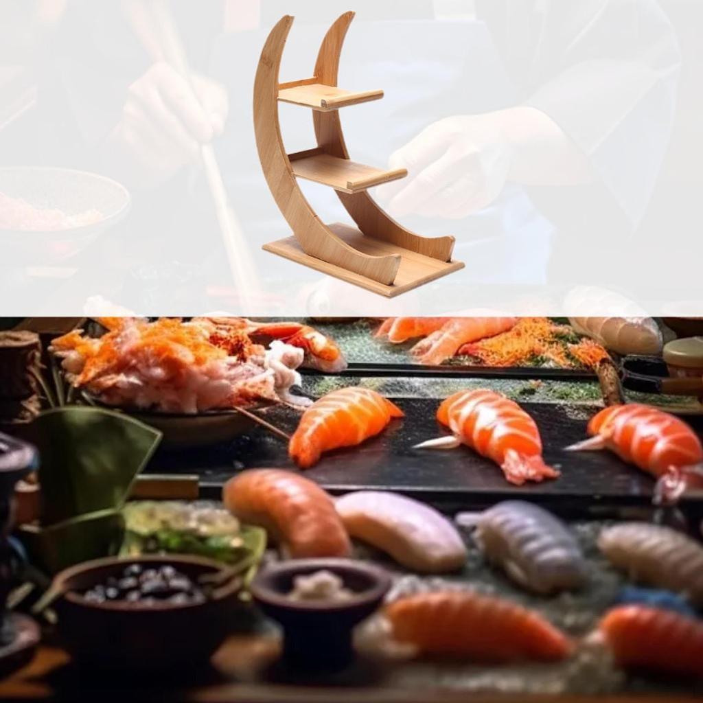 Wooden Sushi Holder French Fry Rack Moon Shaped Hand Roll Stand 3 Layer Taco Practical