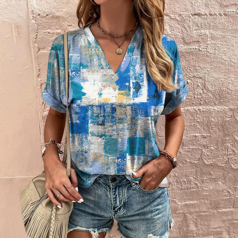 Лоскутная клетчатая женская футболка с геометрическим принтом, v-образным вырезом, короткими рукавами, летние роскошные топы, женские рубашки и блузки большого размера