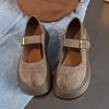 Женские туфли на толстой подошве, одинарные, весна, новые, круглый носок, мелкий вырез, замша, металлическая пряжка, противоскользящие, износостойкие, низкие