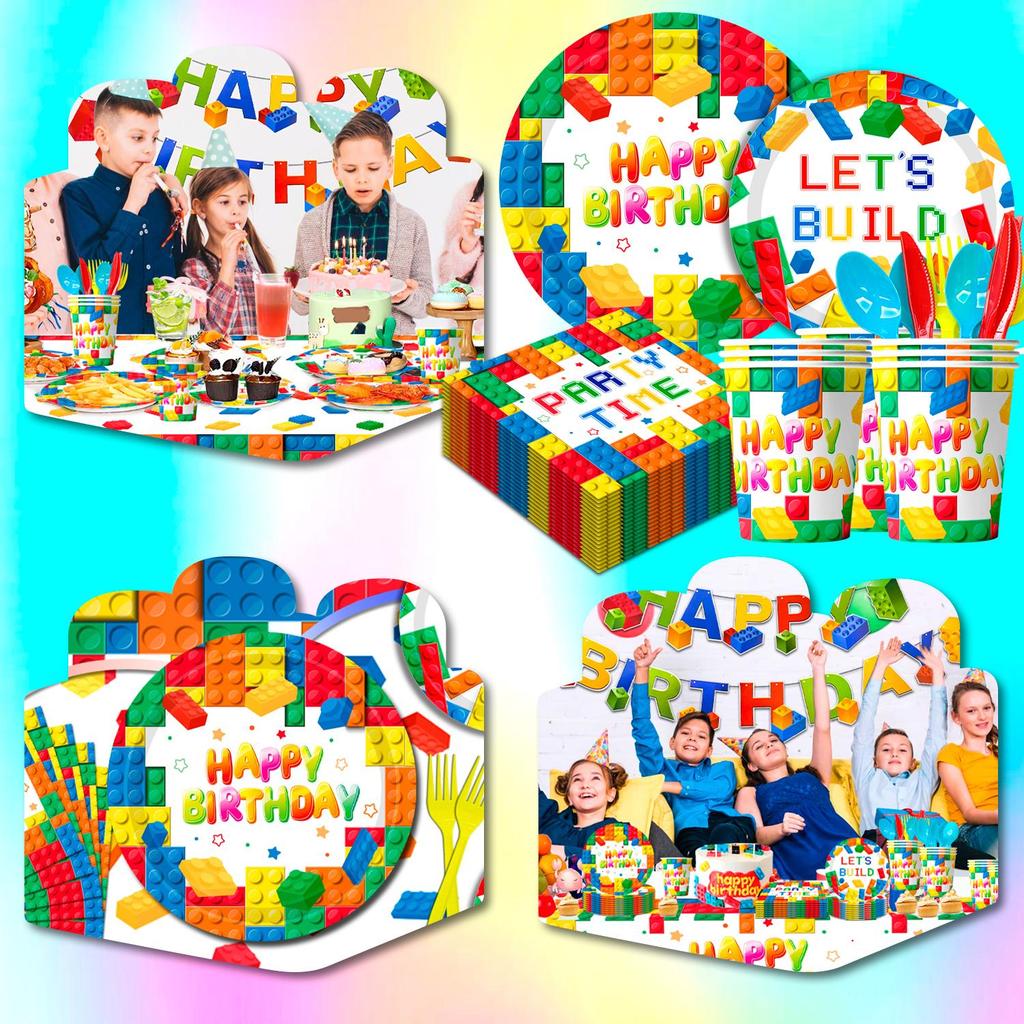 133pcs Building Blocks Birthday Party Supplies - Building Blocks Party Tableware Set-Building Block Party Plates Napkins Tablecloth Banner etc