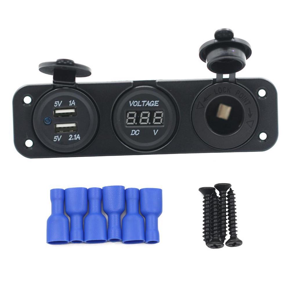 Car Boat Dual USB Charger + LED Voltmeter + Power Outlet Socket 3 Holes Panel