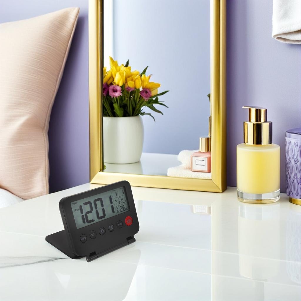 Small Alarm Clock Ultrathin LCD Display Battery Powered Non Ticking Date Temperature Flip Cover Night Light