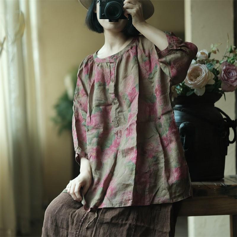 Johnature Summer Women Linen O-Neck Vintage Style Balloon Sleeves Shirt Half Sleeve Flower Print Loose Shirt