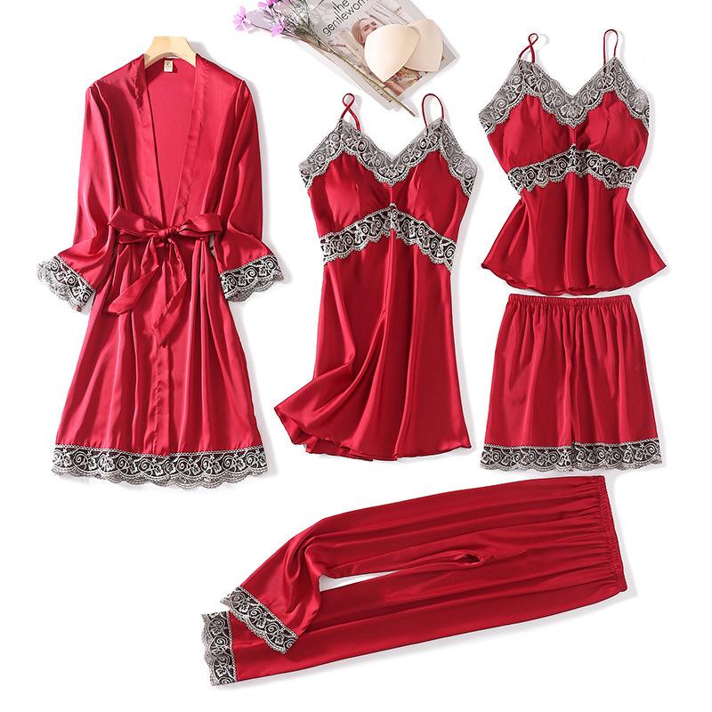 Spring and summer pajamas female sexy five-piece set silk thin with chest pad suspender nightdress women's nightgown homewear